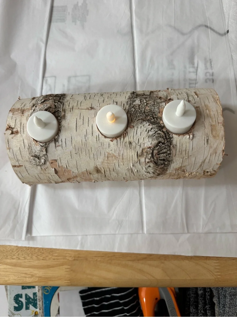 Rustic Birch (Yule)Log Tea Light Candle Holder - White; holidays or decor